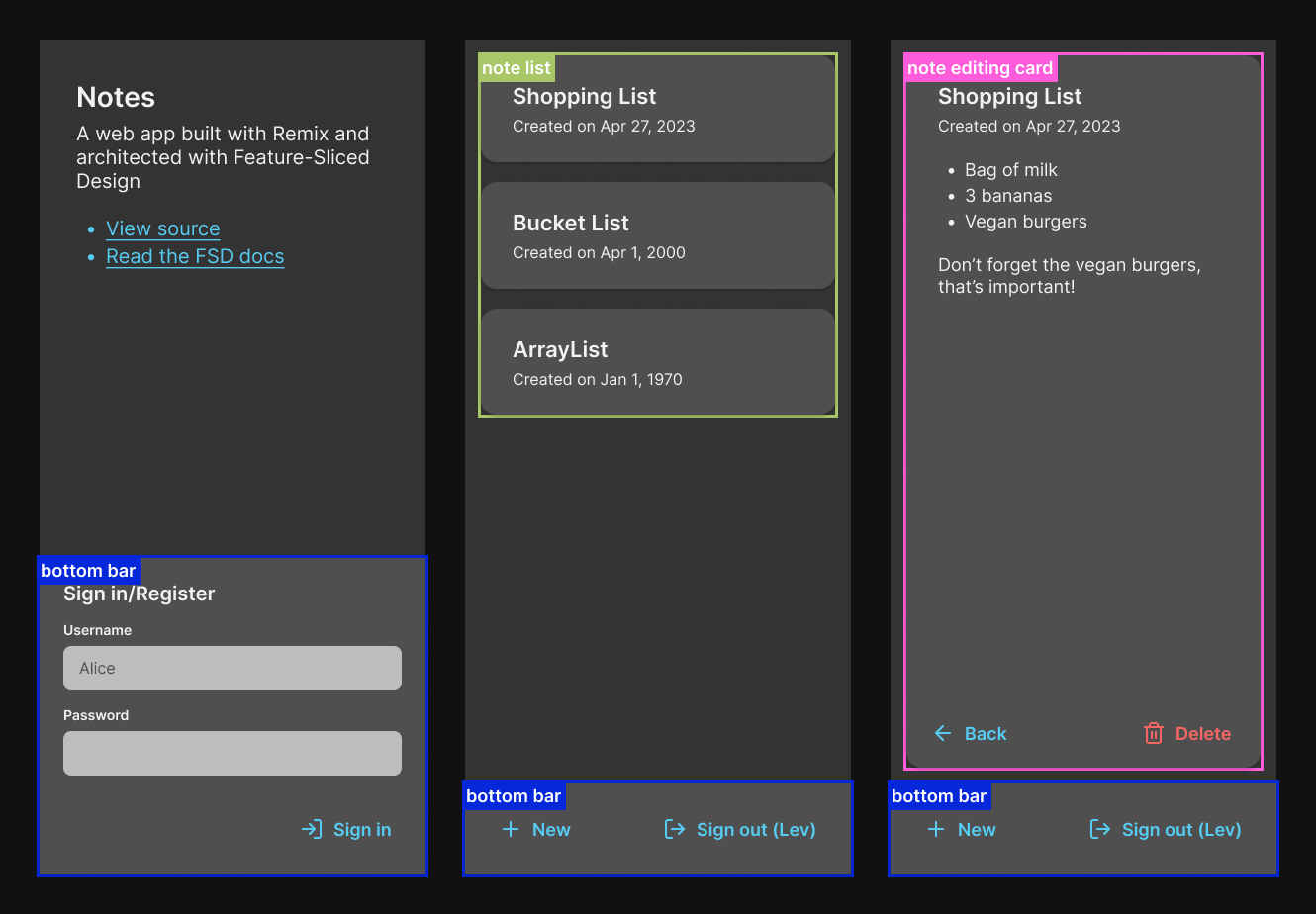 Same screens, but with annotated widgets