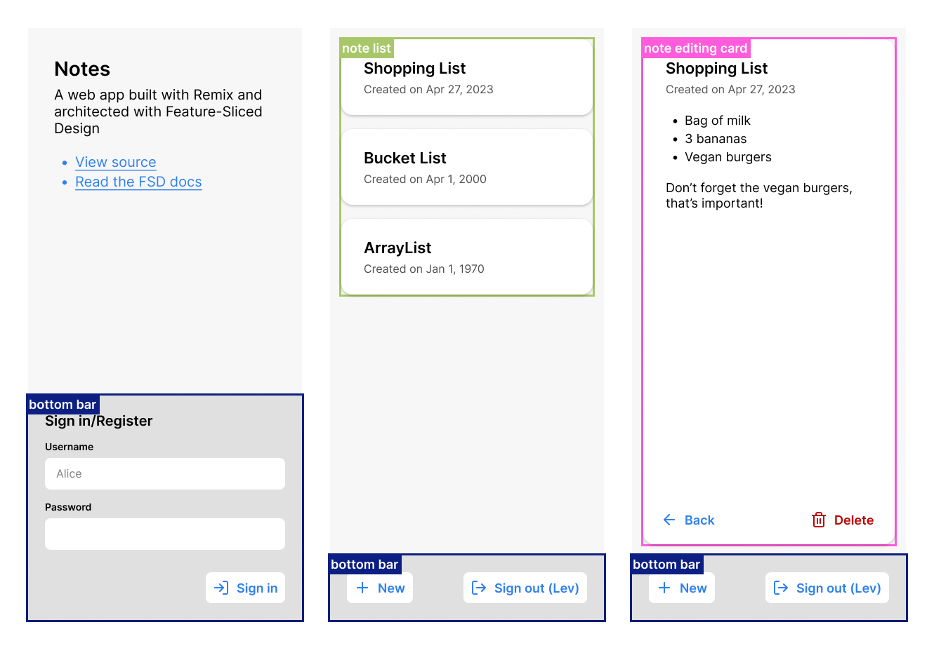 Same screens, but with annotated widgets