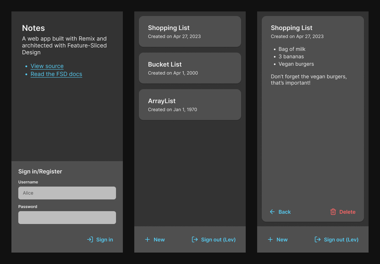 Notes application screens